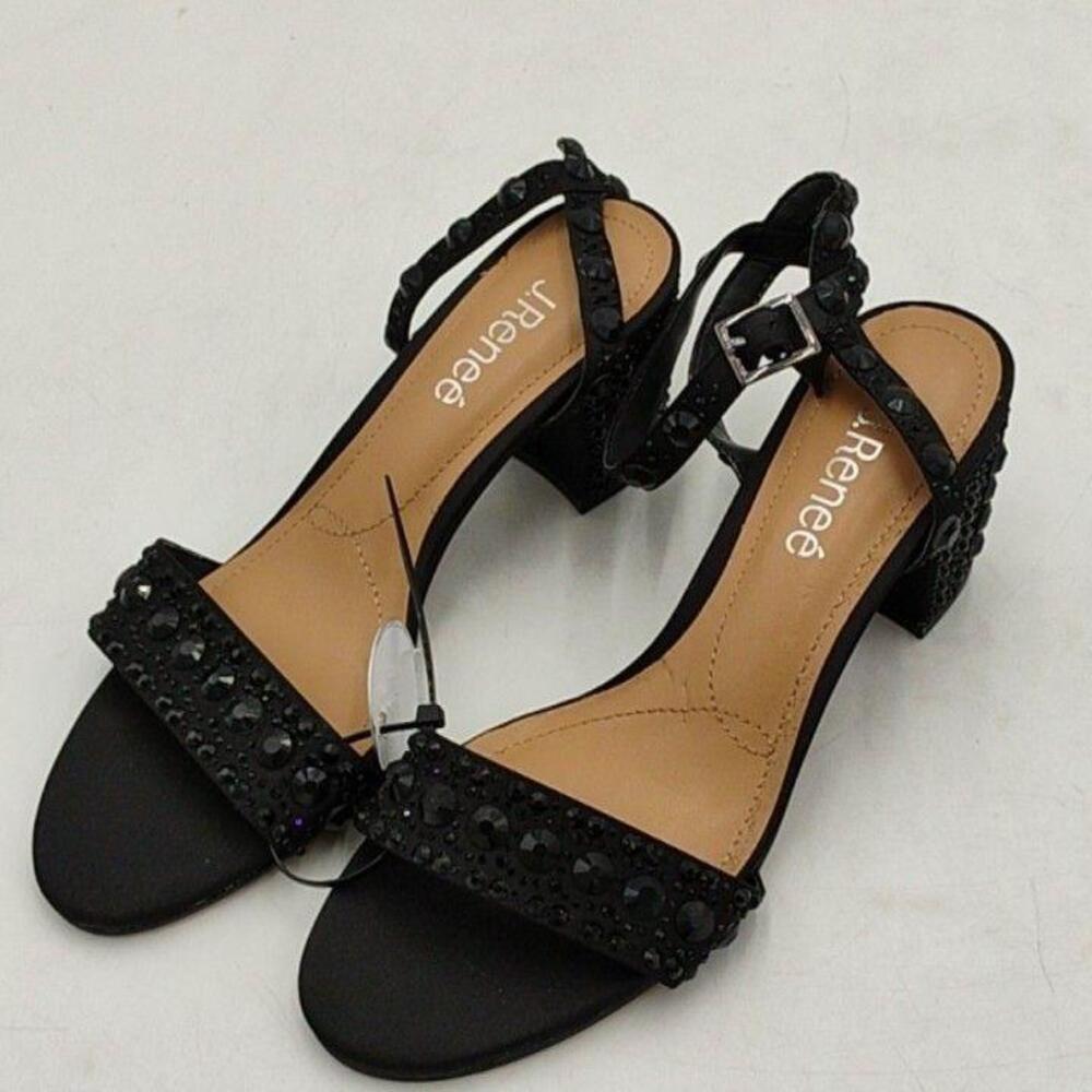 J Renee Shoes Womens Black Rhinestone Strappy Block Heel Sandals New Size 7